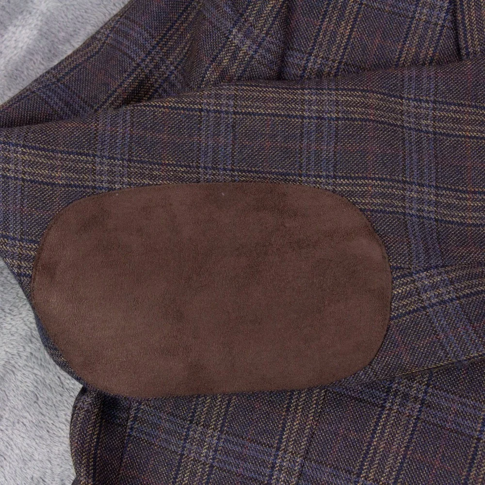 Stafford Sport Coat Blazer Mens 42R Slim Fit Brown Plaid Suede Elbow Patches